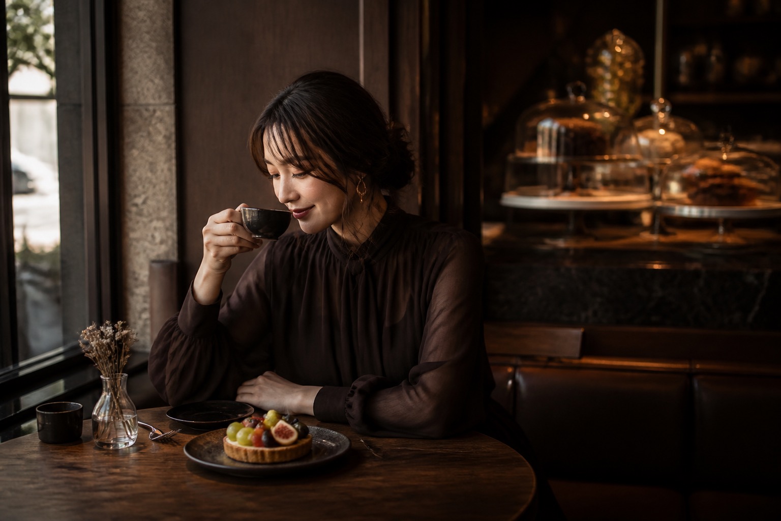 カフェで女性がコーヒーと果物のデザートを楽しむ様子
