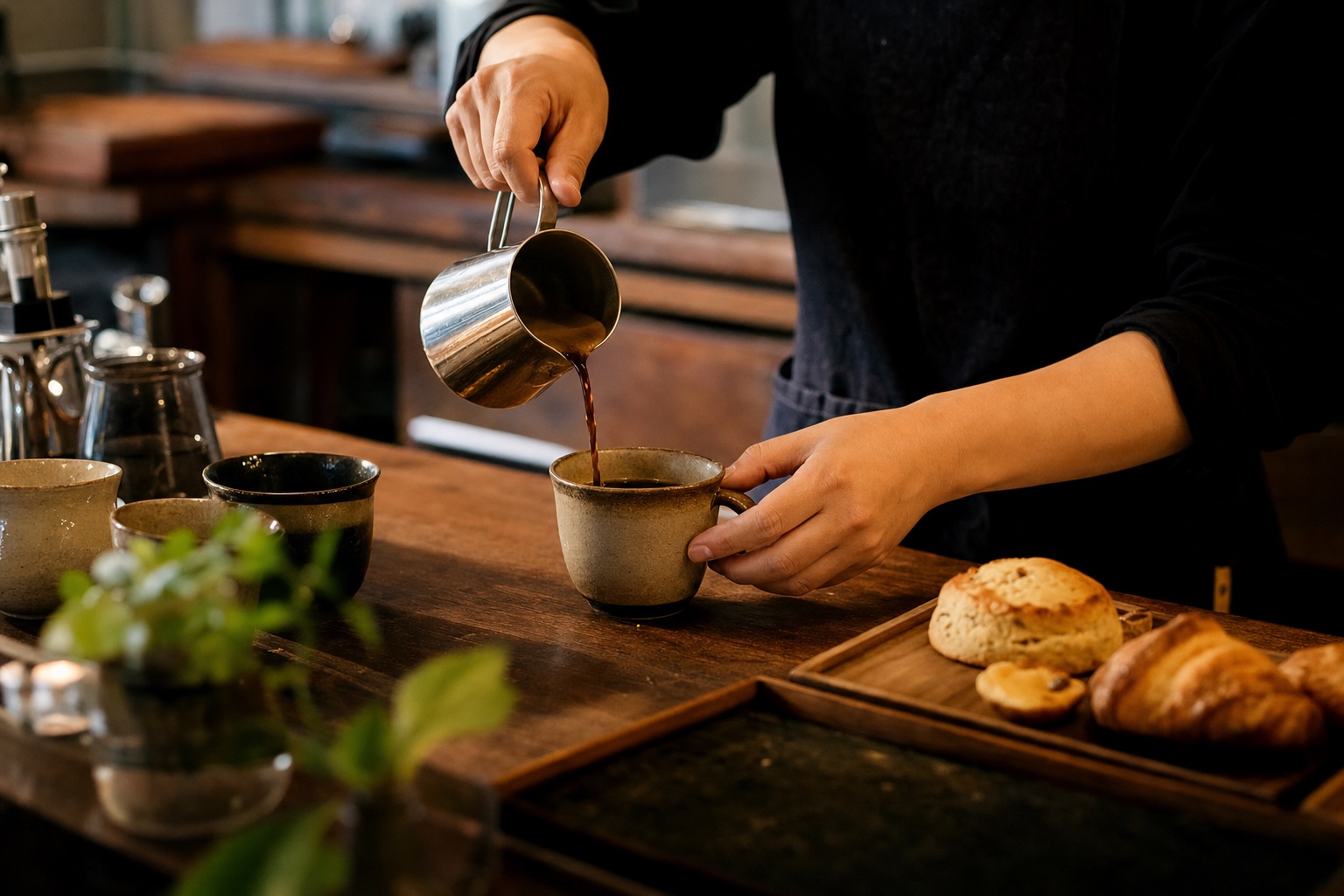 木のテーブルでコーヒーを注ぐ手元